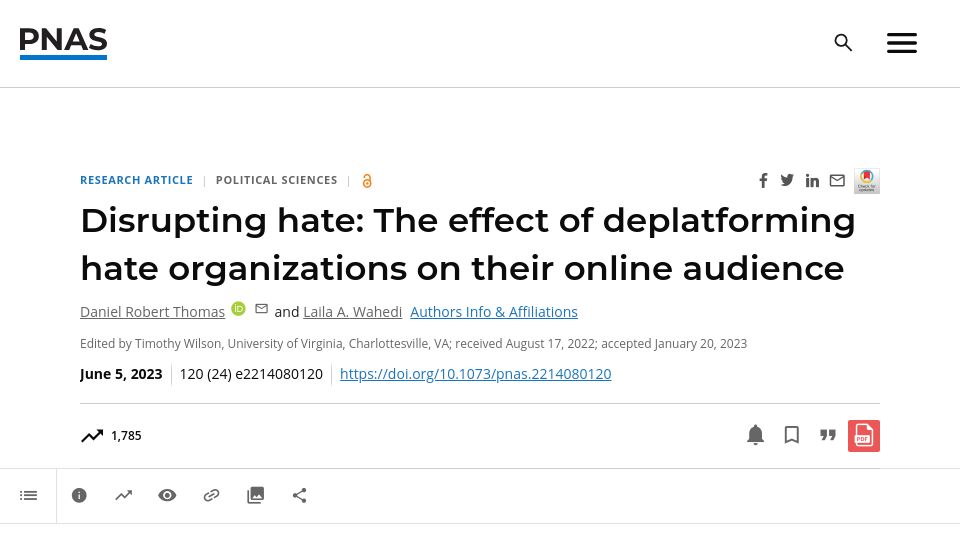 Screenshot of pnas.org: The effect of deplatforming hate organizations on their online audience
