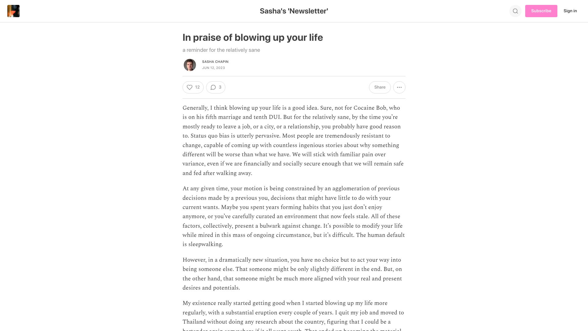 Screenshot of sashachapin.substack.com: In praise of blowing up your life