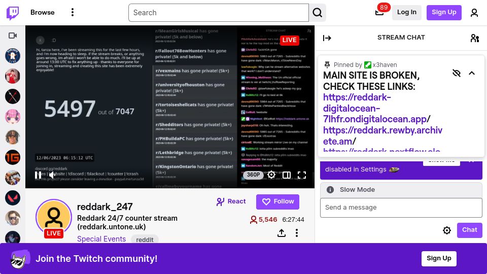 Screenshot of twitch.tv: Livestream of Reddit subreddits going private in protest