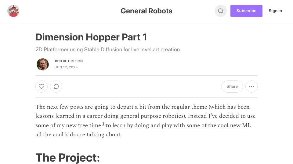 Screenshot of generalrobots.substack.com: Show HN: Stable Diffusion powered level editor for a 2D game