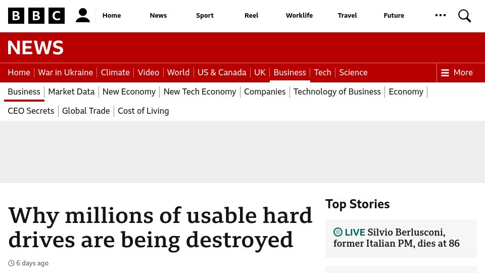Screenshot of bbc.com: Millions of usable hard drives are being destroyed