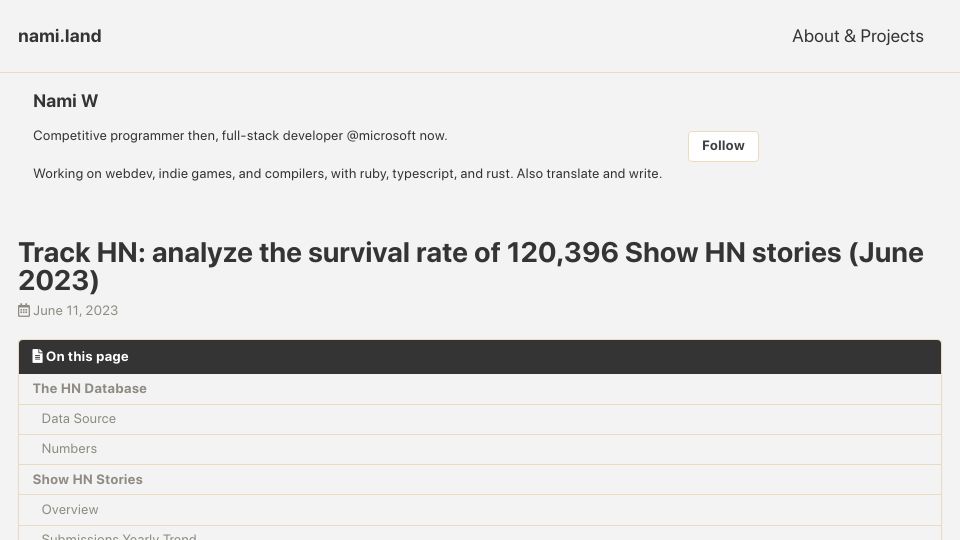 Screenshot of nami.land: Track HN: Survival Rate of Show HN Stories