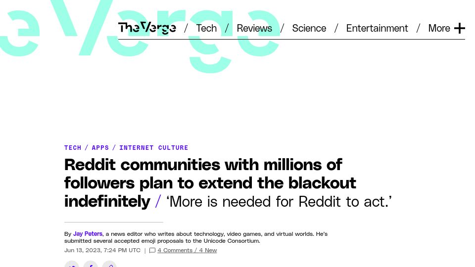 Screenshot of theverge.com: Reddit subs with millions of followers plan to extend the blackout indefinitely