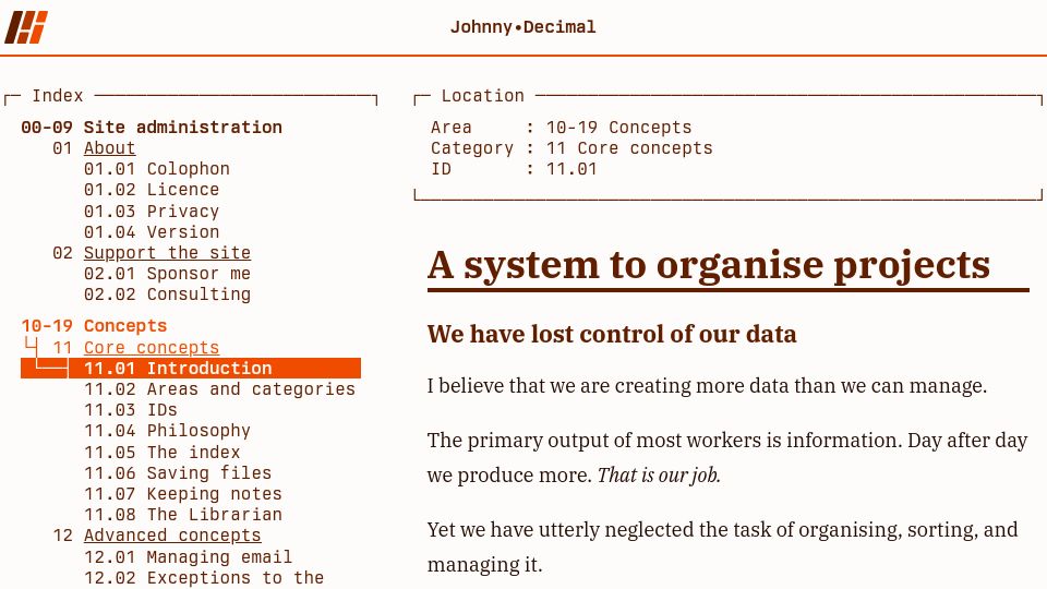 Screenshot of johnnydecimal.com: Johnny Decimal