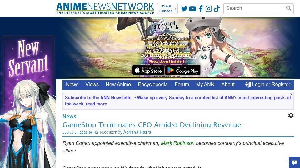 Screenshot of animenewsnetwork.com: GameStop Terminates CEO Amidst Declining Revenue
