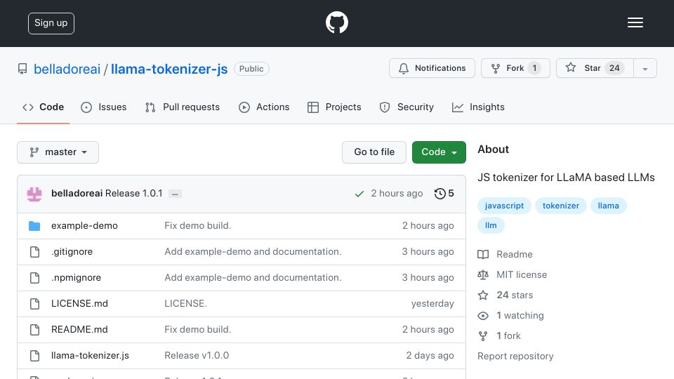 Screenshot of github.com: Show HN: LLaMA tokenizer that runs in browser