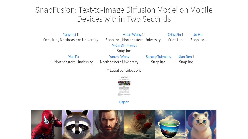 Screenshot of snap-research.github.io: SnapFusion: Text-to-Image Diffusion Model on Mobile Devices Within Two Seconds