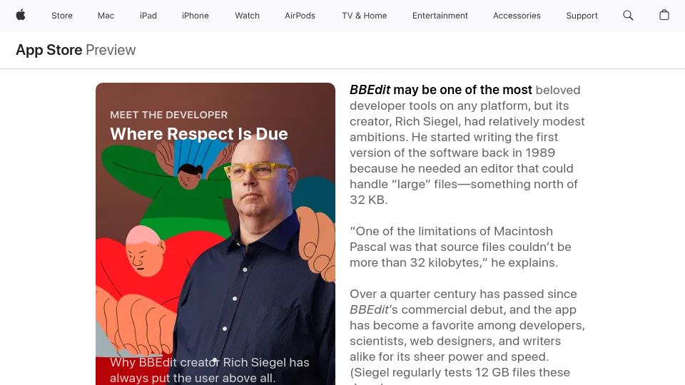 Screenshot of apps.apple.com: BBEdit: Where Respect Is Due