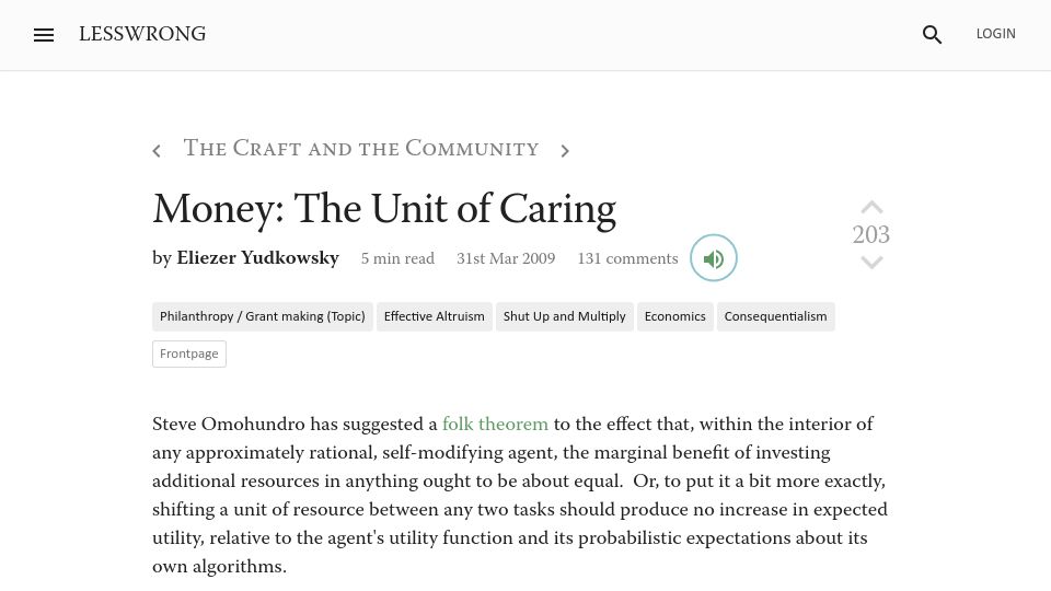 Screenshot of lesswrong.com: Money, the Unit of Caring (2009)