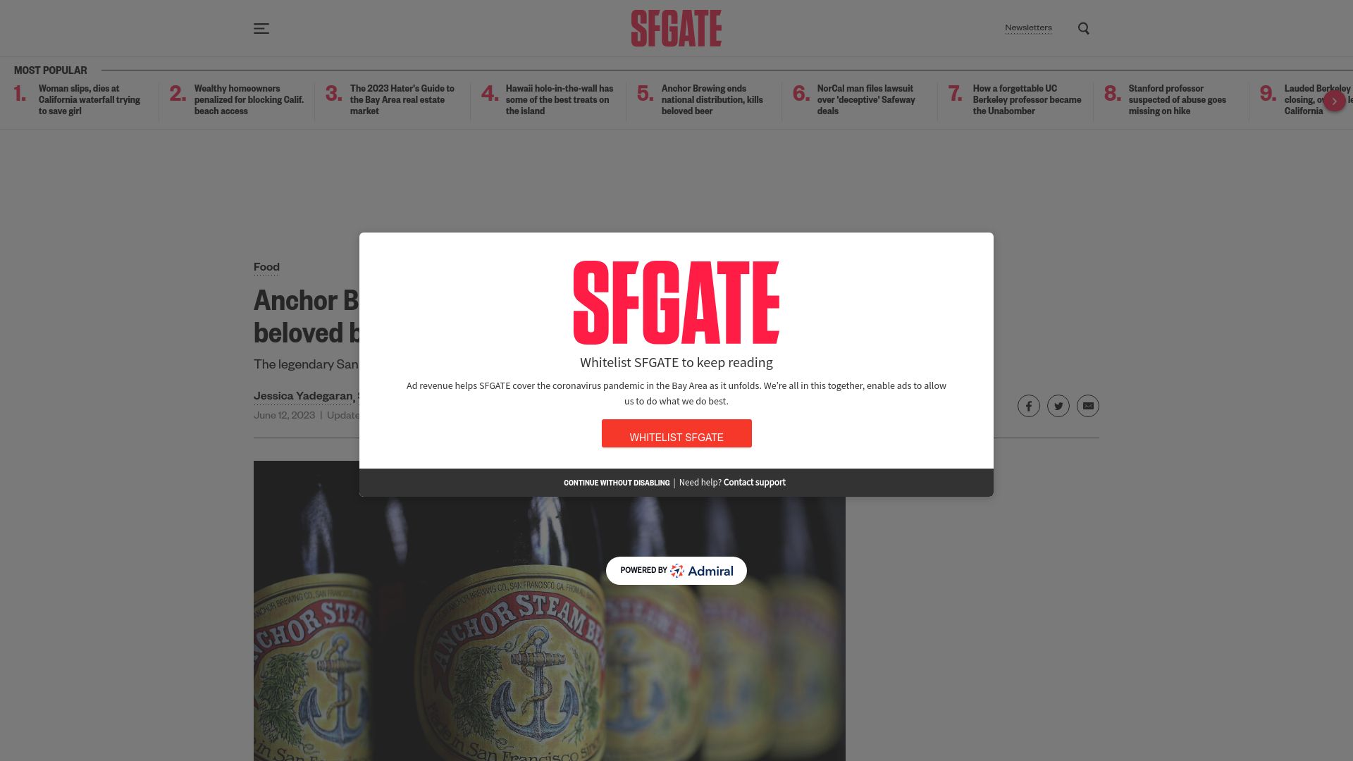 Screenshot of sfgate.com: Anchor Brewing Company ends national distribution, kills Christmas Ale