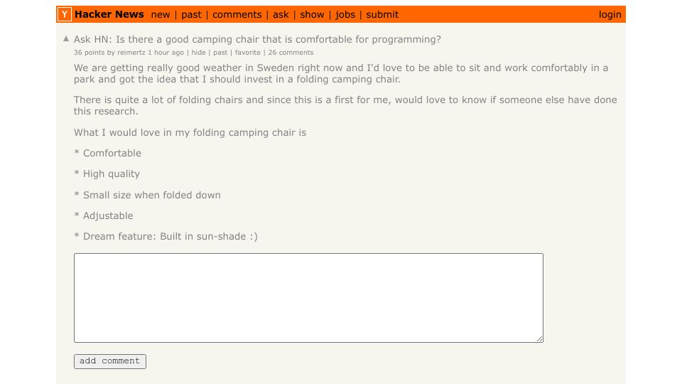 Screenshot of Hacker News post: Ask HN: Is there a good camping chair that is comfortable for programming?