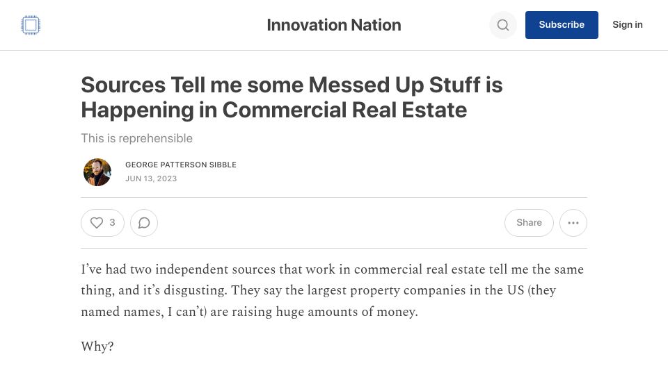 Screenshot of innovationnation.blog: Sources Tell Me Some Messed Up Stuff Is Happening in Commercial Real Estate