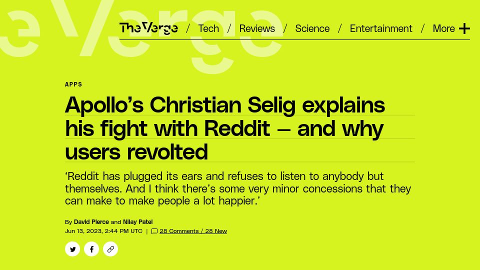 Screenshot of theverge.com: Apollo’s Christian Selig explains his fight with Reddit – and why users revolted