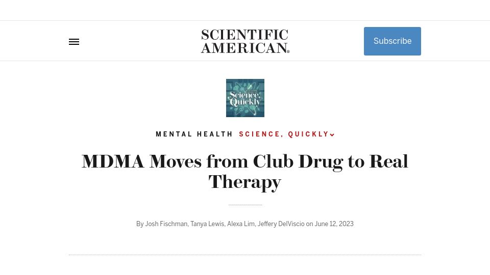 Screenshot of scientificamerican.com: MDMA moves from club drug to real therapy