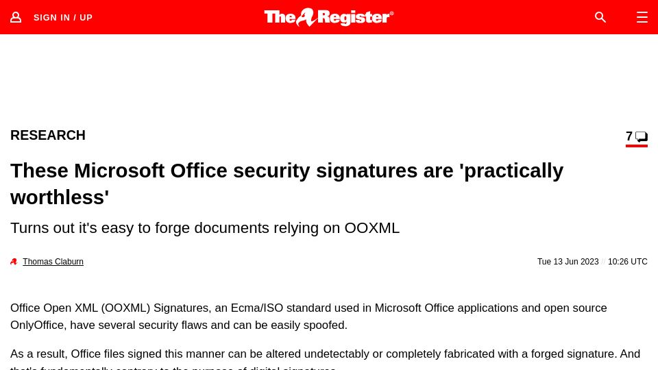 Screenshot of theregister.com: Microsoft Office security signatures are 'practically worthless'