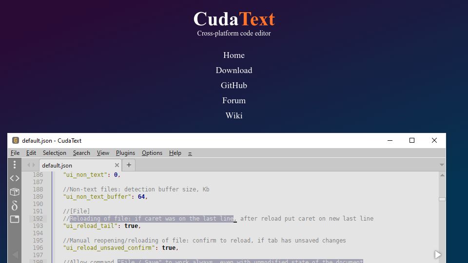 Screenshot of cudatext.github.io: CudaText: Cross-platform, open source code editor written in Object Pascal