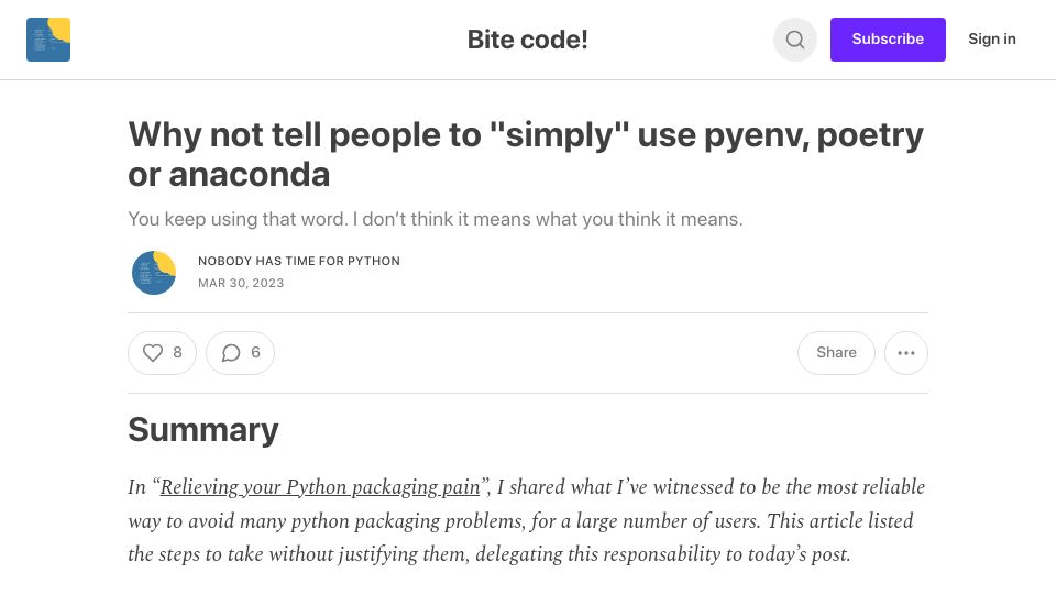 Screenshot of bitecode.dev: Why not tell people to “simply” use pyenv, poetry or anaconda