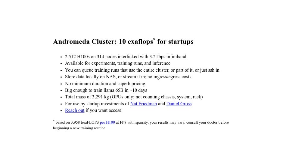 Screenshot of andromedacluster.com: Andromeda Cluster: 10 Exaflops* for Startups from Nat Friedman and Daniel Gross
