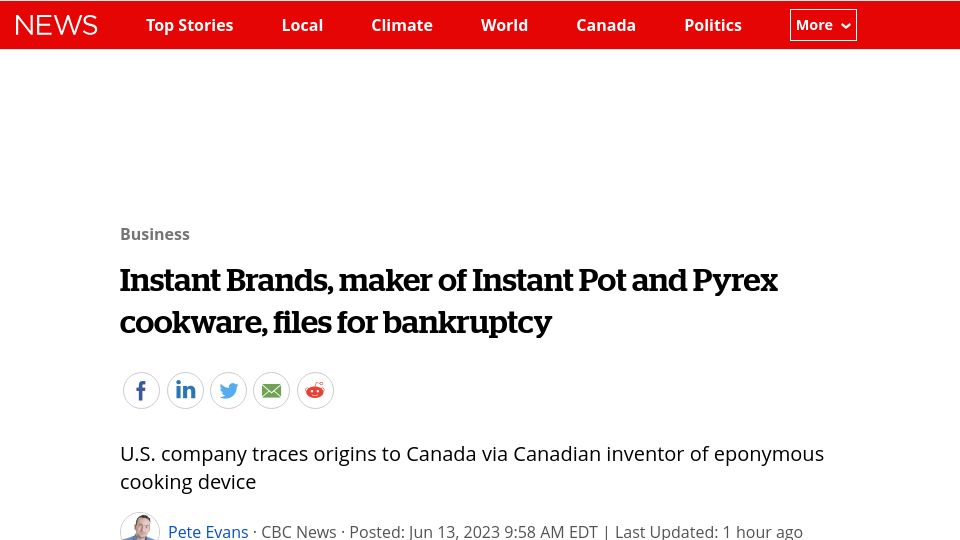Screenshot of cbc.ca: Instant Brands, maker of Instant Pot and Pyrex cookware, files for bankruptcy