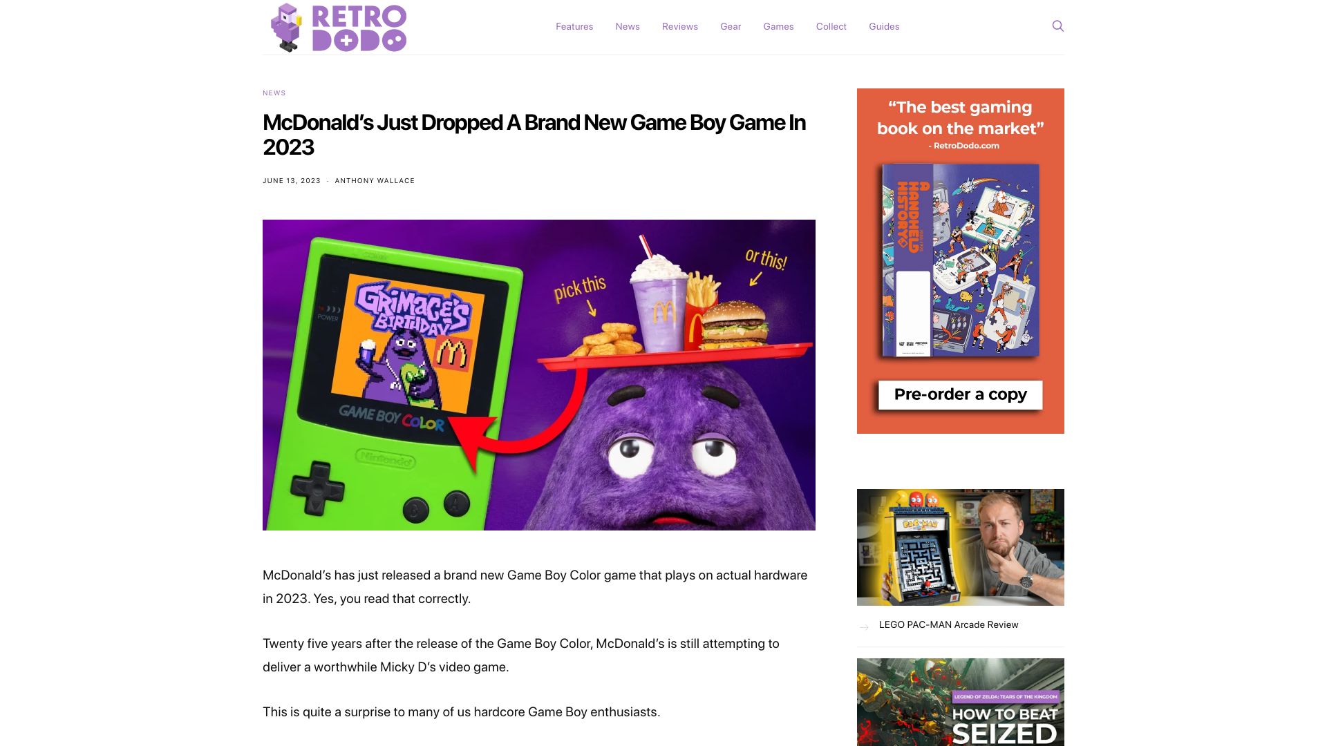 Screenshot of retrododo.com: McDonald's just dropped a brand new Game Boy game