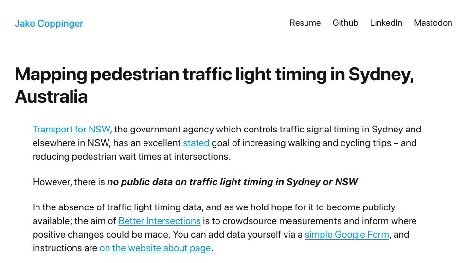 Screenshot of jakecoppinger.com: Mapping pedestrian traffic light timing in Sydney, Australia