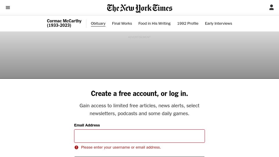 Screenshot of nytimes.com: Cormac McCarthy has died