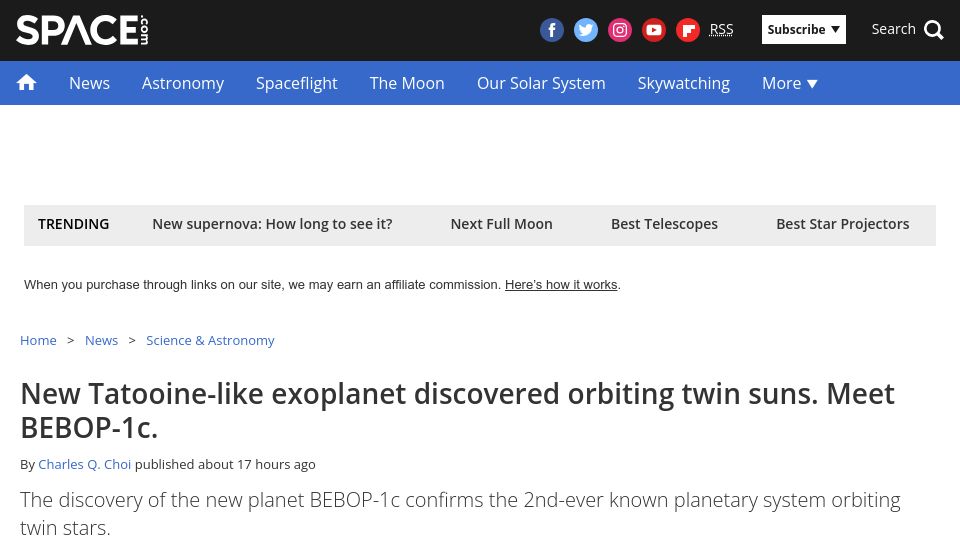 Screenshot of space.com: New exoplanet found orbiting twin suns