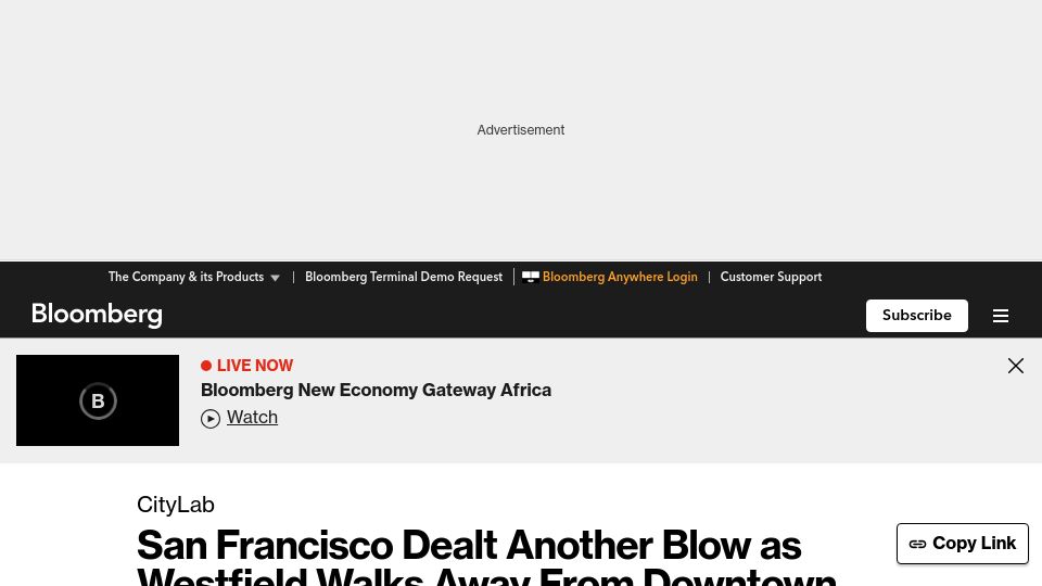 Screenshot of bloomberg.com: Westfield Walks Away from Downtown San Francisco Mall Property