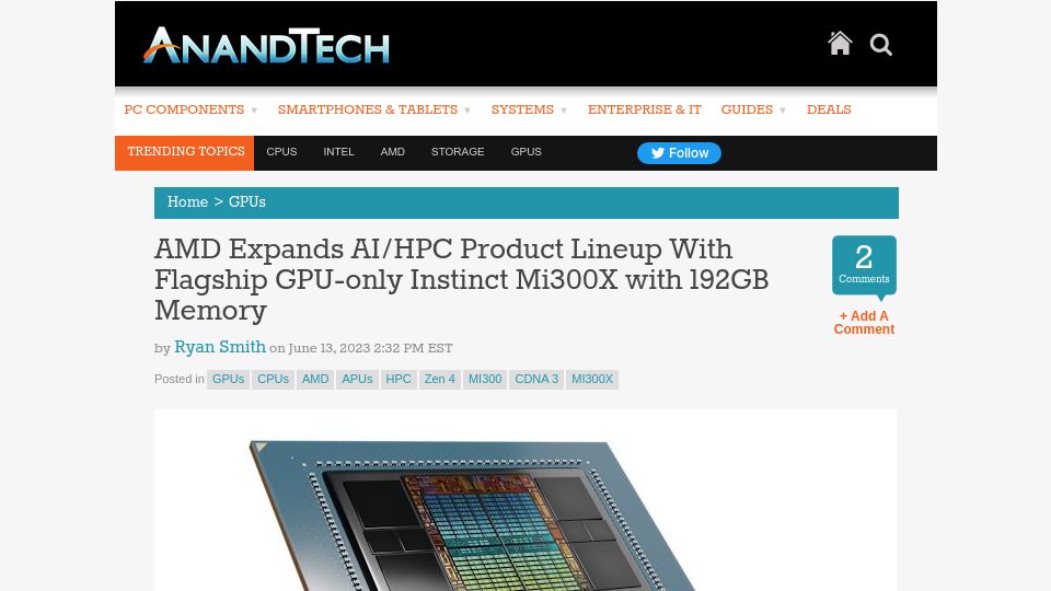 Screenshot of anandtech.com: AMD Expands AI Product Lineup with GPU-Only Instinct Mi300X with 192GB Memory