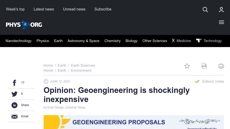 Screenshot of phys.org: Opinion: Geoengineering Is Shockingly Inexpensive