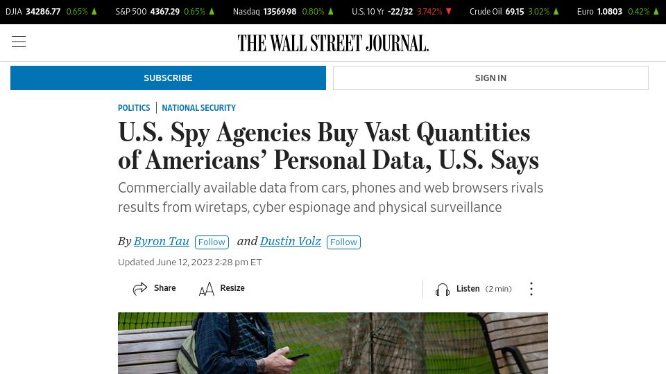 Screenshot of wsj.com: U.S. Spy Agencies Buy Vast Quantities of Americans’ Personal Data