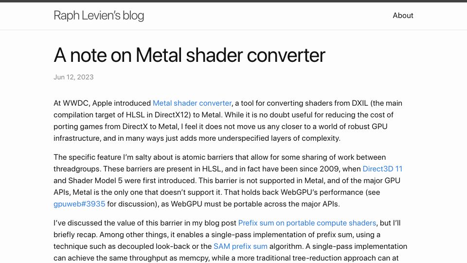 Screenshot of raphlinus.github.io: Metal shader converter and the missing device-scoped barrier