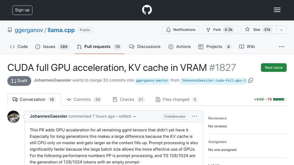 Screenshot of github.com: Llama.cpp: Full CUDA GPU Acceleration