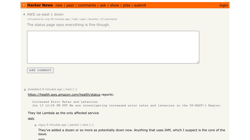 Screenshot of Hacker News post: AWS us-east-1 down