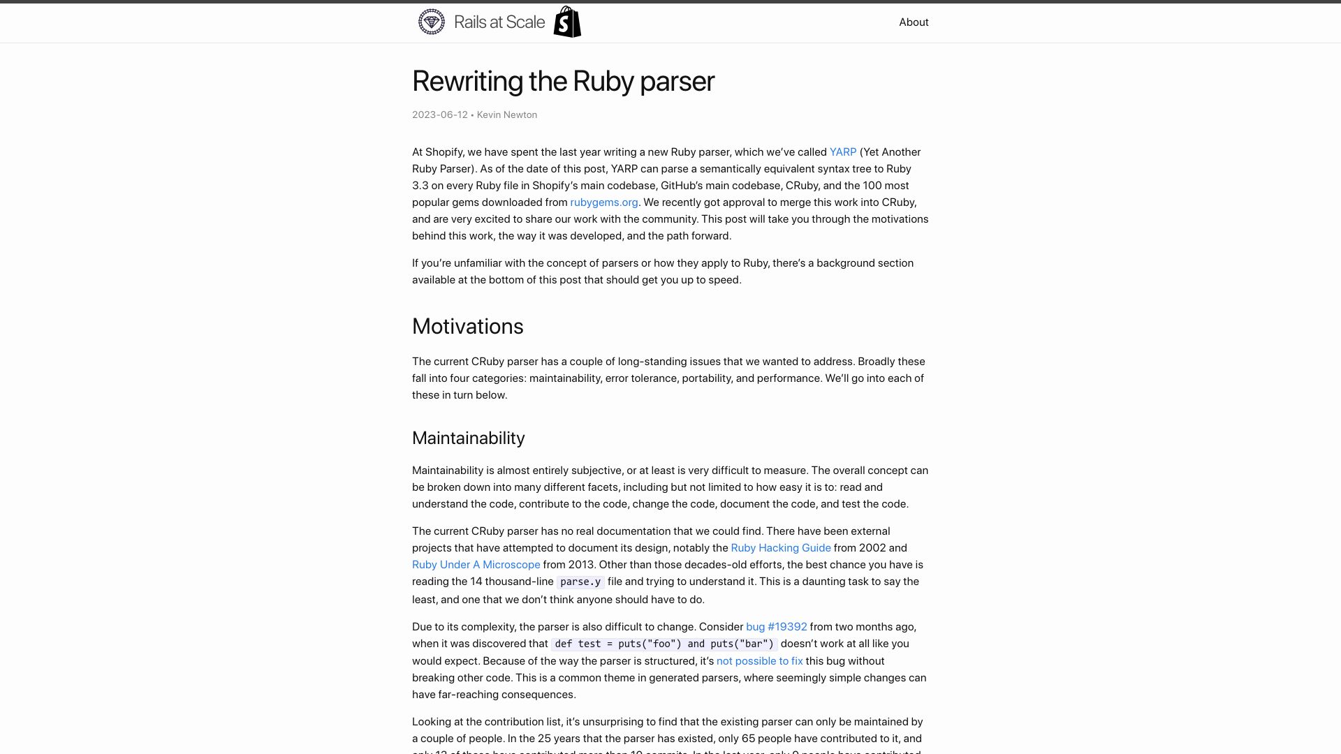 Screenshot of railsatscale.com: Rewriting the Ruby parser