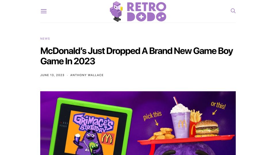 Screenshot of retrododo.com: McDonald's just dropped a brand new Game Boy game