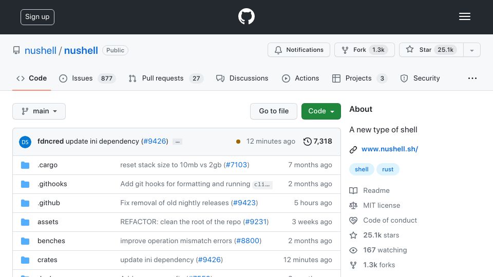 Screenshot of github.com: NuShell: A New Type of Shell