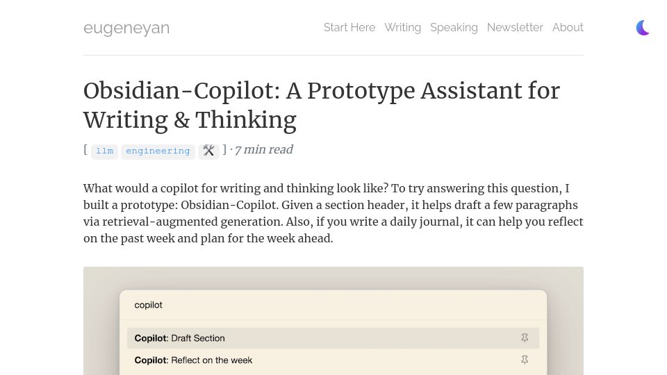 Screenshot of eugeneyan.com: Obsidian-Copilot: A Prototype Assistant for Writing and Thinking