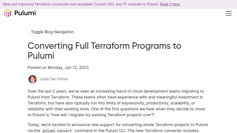 Screenshot of pulumi.com: Converting Full Terraform Programs to Pulumi
