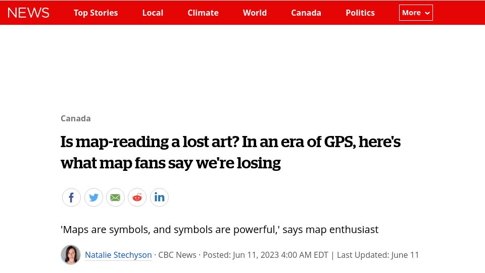 Screenshot of cbc.ca: Is map-reading a lost art? In era of GPS, here's what map fans say we're losing