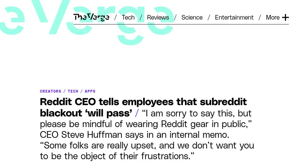Screenshot of theverge.com: Reddit CEO tells employees that subreddit blackout ‘will pass’