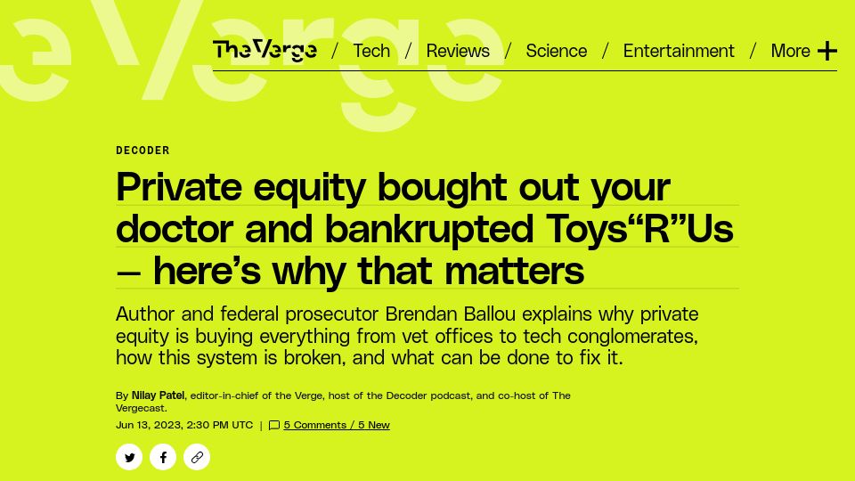 Screenshot of theverge.com: Private equity is buying everything from vet offices to tech conglomerates