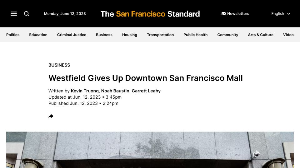 Screenshot of sfstandard.com: Westfield Gives Up Downtown San Francisco Mall