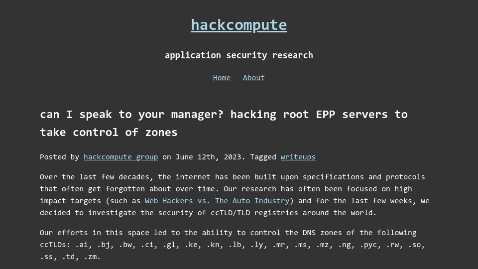 Screenshot of hackcompute.com: Hacking root EPP servers to take control of zones
