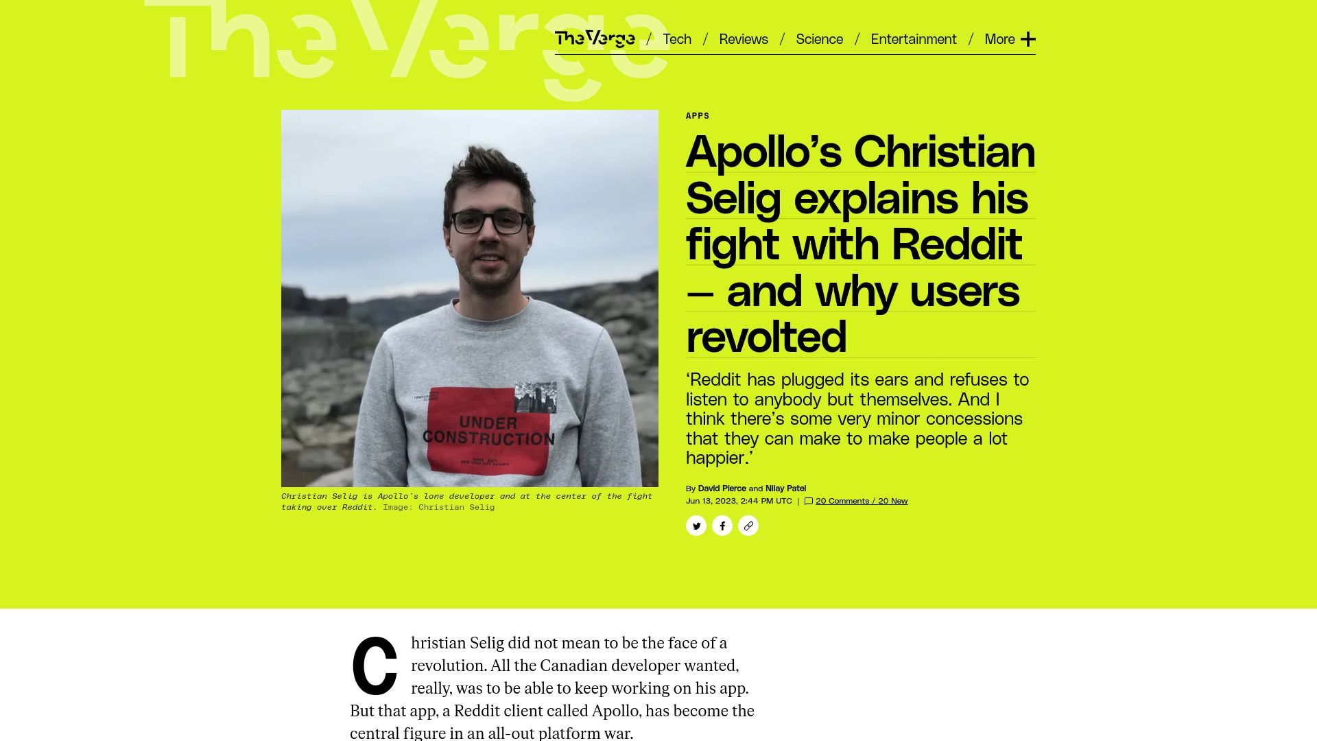 Screenshot of theverge.com: Apollo’s Christian Selig explains his fight with Reddit – and why users revolted