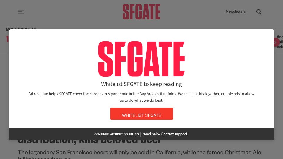 Screenshot of sfgate.com: Anchor Brewing Company ends national distribution, kills Christmas Ale