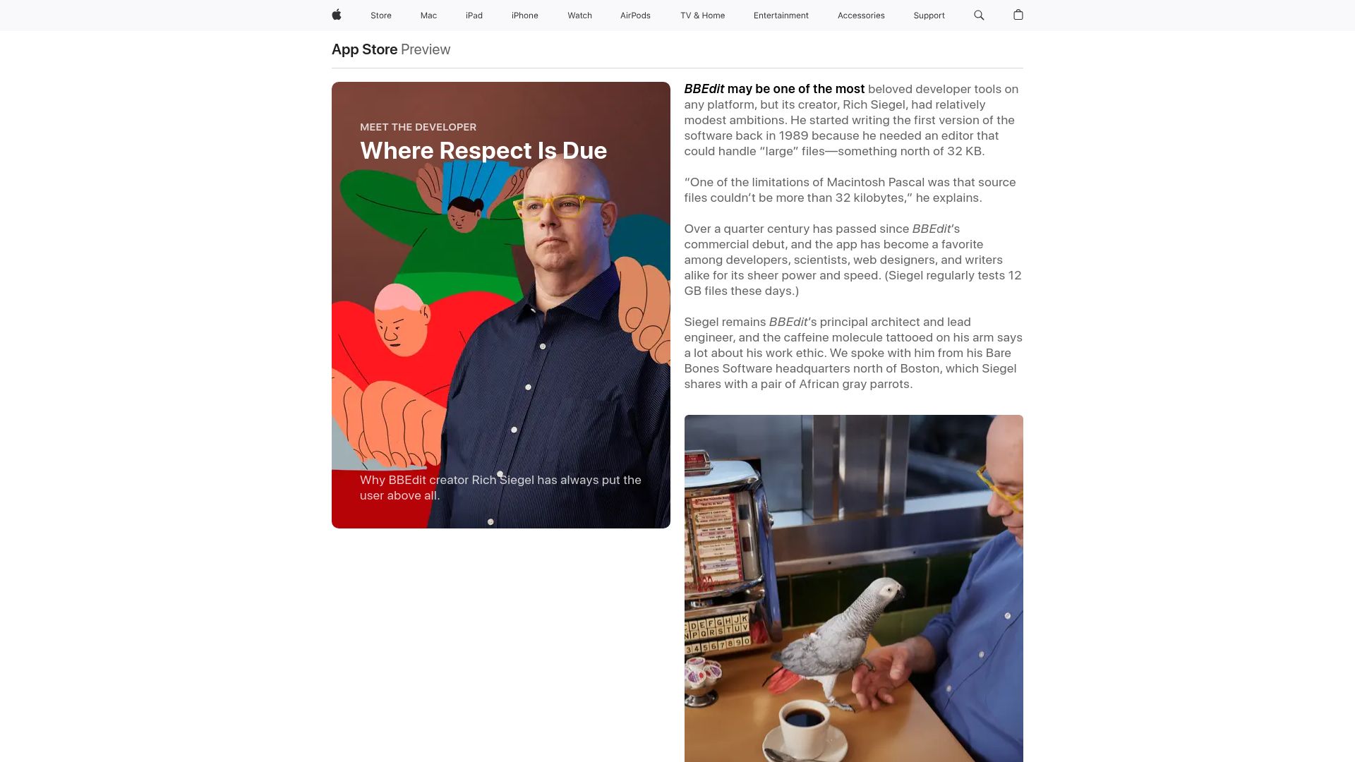 Screenshot of apps.apple.com: BBEdit: Where Respect Is Due