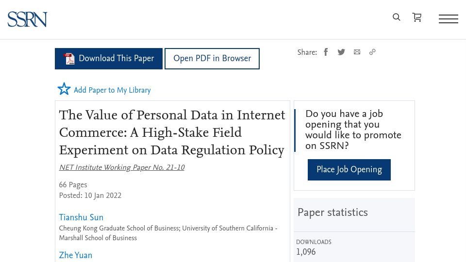 Screenshot of papers.ssrn.com: The Value of Personal Data in Internet Commerce