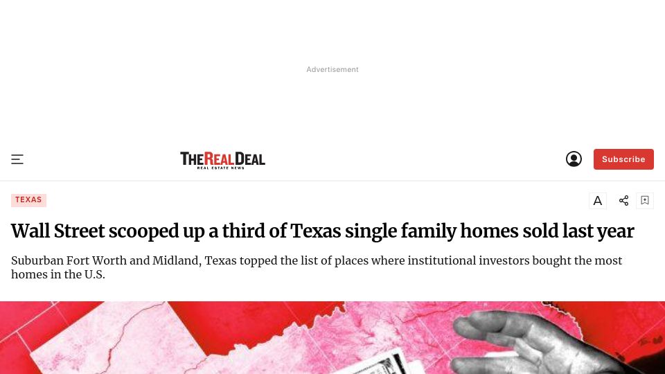 Screenshot of therealdeal.com: Wall Street scooped up a third of Texas single family homes sold last year (2022)