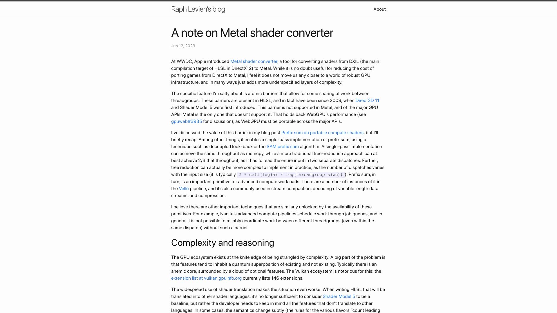 Screenshot of raphlinus.github.io: Metal shader converter and the missing device-scoped barrier